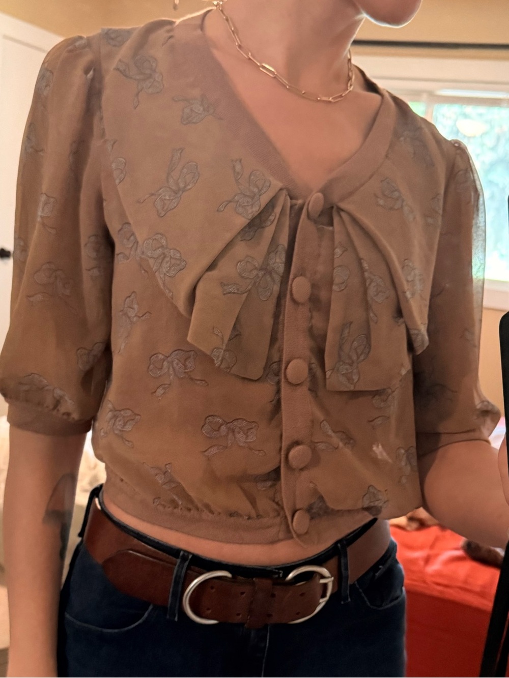 Tan Bow-Tie Button Front Blouse